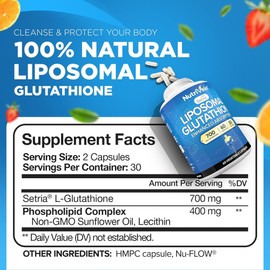 Nutrivein Premium Liposomal Glutathione Supplement 700 mg - 60 Caps - Pure Reduced Glutathione Setria - Master Antioxidant - Cell Protection, Cleansing, Liver, Brain, Vitality, and Defenses