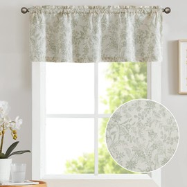 Vangao Farmhouse Linen Valance Curtain for Kitchen Floral Rustic Light Filtering Rod Pocket Window Topper Treatment 16 Inch Green on Beige
