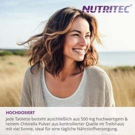 Nutritec 100% Chlorella Vulgaris 1000 pellets - 500 mg algae per pellets without additives, high dose, vegan - 5000 mg chlorella, 112.5 mg chlorophyll, 20 mg caroteniode per daily dose