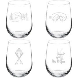 MIP Set of 4 Wine Glass Gift Ski Skier Equipment Collection (17 oz Stemless)