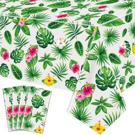 4 Pack Hawaiian Luau Tablecloths Tropical Palm Leaves Table Cloth Hawaii Disposable Plastic Rectangular Table Covers Aloha Summer Beach Pool Kids Birthday Tablecloth Cocktail Party Supplies 86 x 51 IN