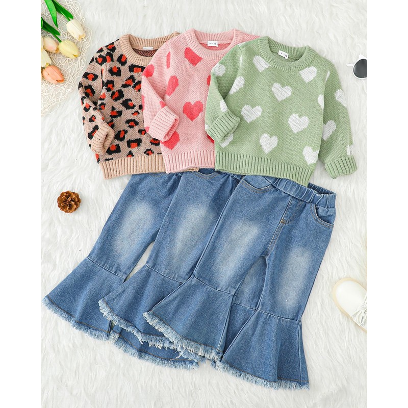 Mioglrie 3T-4T Girl Clotehs Toddler Denims Outfits Heat Baby Crewneck