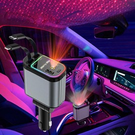 4 in 1 Car Charger with Starry Sky Spotlight, Retractable Car Charger with Charging Cable & 2 Charging Ports, Universal Car Charger for Phones