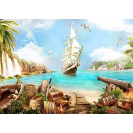 BELECO 1.5 x 1 m Fabric Beach Island Pirate Theme Background Pirate Ship Treasure Chests Barrels Parrot Ocean Sailing Boat Mountain Waterfalls Pirate Background Pirate Theme Party Decorations