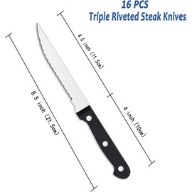 BEWOS Steak Knives Set of 16 - Triple Rivet Steak Knife, Serrated Steak Knives, Stainless Steel Serrated Blades (4.5”), Sharp Knifes, Dinner Knives, Dishwasher Safe, Knives Set for Home, Restaurant