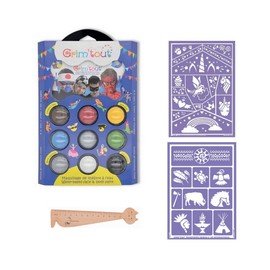 Set of 1 make-up palette for up to 60 faces + 2 stencils + 1 wooden side ruler (heroes, Indians + unicorn)