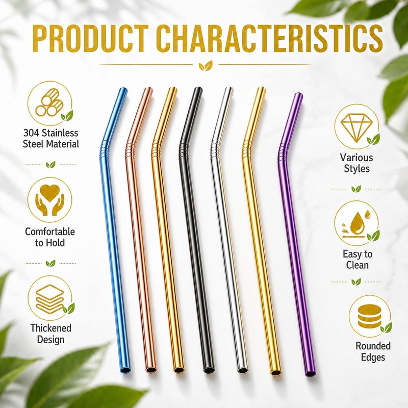 Bamily 12 Pcs Reusable Metal Straws, Curved Stainless Steel Straws
