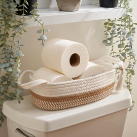 Decorative Toilet Paper Basket – Beautiful Bathroom Organizer for Toilet Tank Storage Decor – Boho Cotton Rope Bin with Tassel for Bathroom Accessories and as Shelf Decor