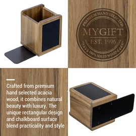 MyGift Premium Acacia Solid Wood Bookends and Pencil Holders with Chalkboard Labels, Office Desk Book Ends with Natural Wooden Rectangular Pen Cups, 1 Pair