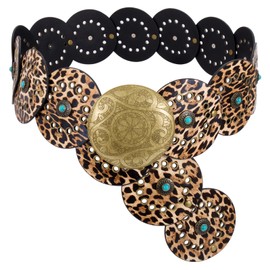 XZQTIVE Western PU Leather Belts for Woman Concho Cowgirl Cowboy Disc Belt for Ladies Wide Boho Country Waist Belts for Dress, Bronze buckle, Leopard, 105cm