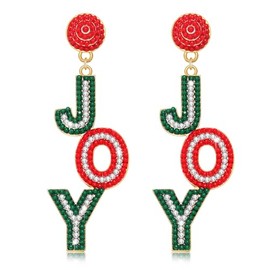 PHALIN Christmas Earrings for Women Beaded Dangle Earrings Rhinestone Holiday JOY Earrings Sparkling Crystal Xmas Letter Earrings Festive Holiday Jewelry Gifts (JOY D)