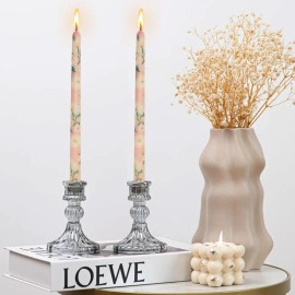 10 Inch Straight Taper Candles Hand Printing Candlesticks Floral Tall Tapered Candle for Home Garden Decor Simple Modern, 2Pcscolor: Pink, size: 10inch