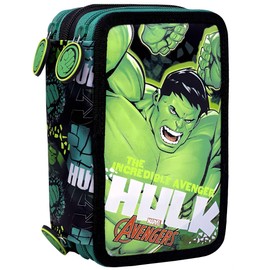 Clondo Children's Pencil Case, 3 Organised Compartments, Pencil Case Boy, Filled, Girls & Boys School Pencil Case, 45 Pieces for School, Hulk, Pencil case