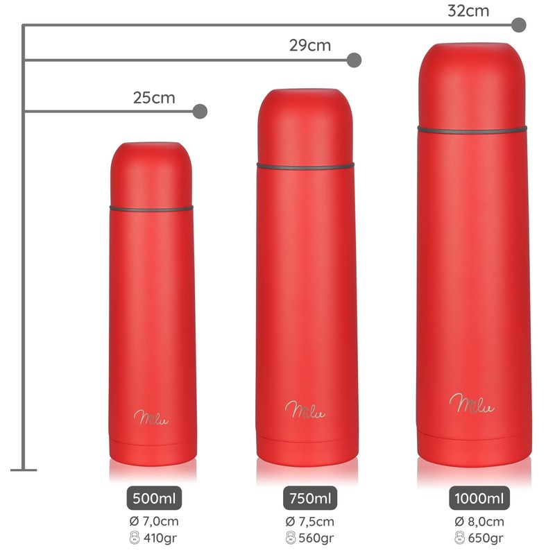 Milu Thermos Flask, Insulated Flask, 1 L, 750 ml, 500