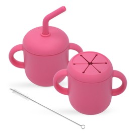 Teo 3-in-1 Baby Sippy & Snack Cup – Spill-Proof Silicone Toddler Cup with Straw & Snack Lid – BPA-Free, Leak-Proof, Dishwasher & Microwave Safe – Easy Grip Training Cup for Babies & Kids - Pink