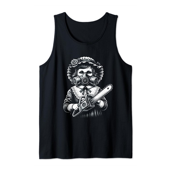 Creepy Girl Wearing Gas Mask Holding a Chainsaw Horror Fan