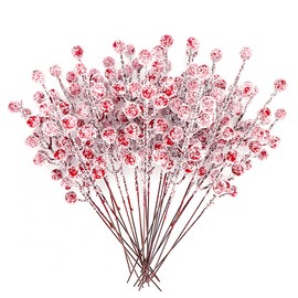 24Pcs Artificial Berry Picks Snow Sprays Christmas Frosted Holly Berry Stems Twigs Winter Branches for Christmas Tree Fillers Decor Holiday Arrangement Wreaths Garland Crafts DIY Ornaments (Red)