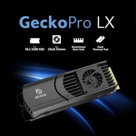 Akasa Akasa Gecko Pro LX, M.2 NVMe PCIe 5.0, Aluminium High-Speed Built-in Fan Heatsink Cooler, Support 2280 SSDs, Up to 12,000 RPM & 12V, Low-profile, 2 Thermal Pad Included, Black, A-M2HS04-BK