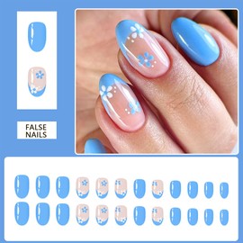 24pcs Almond False Nails - French White Tip Stick-on Blue Flower - Press-on Removable Glue-on Full Cover Fake Nail Art Accessories for Women Girls