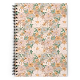 Floral Spiral Notebook 'Retro Flowers II Flower Hippie 70s Bohemian' College Ruled Journals for Women Notes Writing Work School Office, 6x8 Inches, Orange, Green