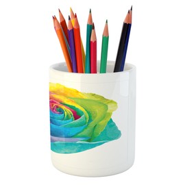 Ambesonne Vintage Rainbow Pencil Pen Holder, Romantic Blooming Rose with Colorful Petals Love Flower Valentine's Day, Printed Ceramic Pencil Pen Holder for Desk Office Accessory, Multicolor