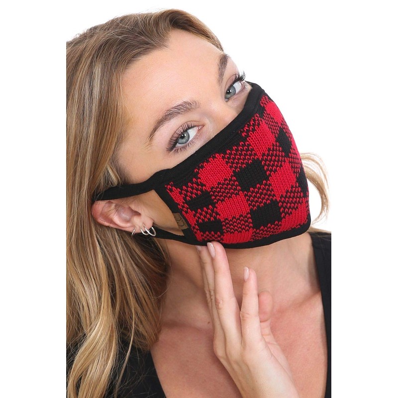 C.C Reusable Washable Knit Pattern Face Mask, Knit Plaid Red/Black,