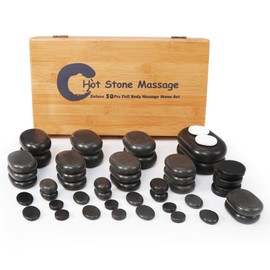 Master Massage Deluxe Hot Stone Massage Stone Set Kit Package for a Full Body Massage with Black Lava Volcano Basalt Rock, White Marble Cool Cold Stone-50 PCS