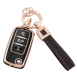 Koaudb Key Fob Cover Fit for VW Volkswagen Passat Golf Polo Beetle Jetta Touran Eos Scirocco 3 Buttons Key Case Soft TPU Key Shells with Leather Keychain Lanyard Black Gold (BP-Vlw-3S)
