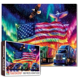 American Flag Trucks Under The Aurora Jigsaw Puzzle，American Logo Elements 1000 Pieces Jigsaw Puzzles for Adults，27 x 20 Inches Puzzles ，HD Quality Puzzle Gift，Family Activity Perfect for Game Night