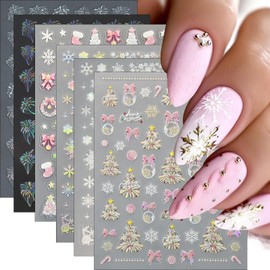 6Sheets Christmas Nail Art Stickers Snowflake Christmas Tree Nail Decals with Colorful Snowflake Pink Xmas Tree Snowball Firework Bow Nail Design DIY Christmas Nail Supplies Nail Decor for Women Girls