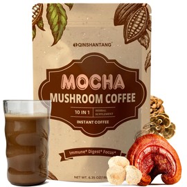Mushroom Coffee with Cocoa Powder, Mushroom Mocha Instant Coffee Blend | 10 Mushrooms Supplement, Coconut and MCT | Supports Focus, Energy | Sugar-Free, Vegan, Gluten-Free, Non-GMO | 6.35 OZ