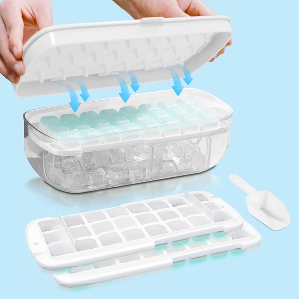 Ice Cube Tray with Lid, Food-Safe Ice Cube Tray, Release All Ice Cubes in One Second, Reusable 48 Ice Cube Tray (White)