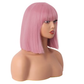 MapofBeauty 12 Inch/30 cm Straight Bob Flat Bangs Short Colorful Synthetic Hair Cosplay Party Wig (Rouge Pink)