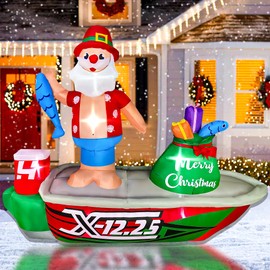BLOWOUT FUN 8ft Inflatable Christmas Santa Claus Standing on a Fishing Boat with Gift Bag Lighted Blow Up Decortion, LED Blow Up Lighted Decor Indoor Outdoor Holiday Decor