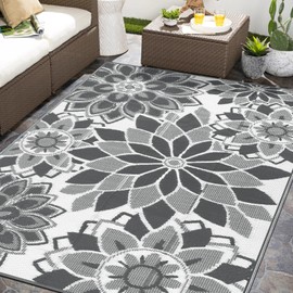 LOKHOM Outdoor Rug for Patio, 6'x 9' Reversible Plastic Straw Area Rugs Mat, Waterproof Mat for Camper Indoor Outdoor Carpet for Rv Deck Porch Picnic Beach Balcony, Grey & White