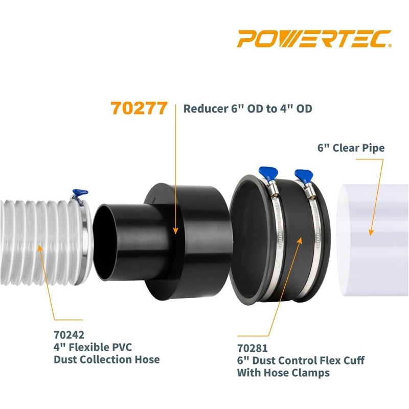 POWERTEC 70277V Dust Collection Reducer, 6-Inch OD to 4-inch OD,