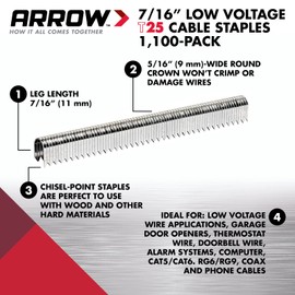 Arrow Heavy Duty T25 Round Crown Staples for Cable and Low Voltage Wiring, 1100 Pack, Leg Length 7/16 Inch, Crown Size 5/16 Inch