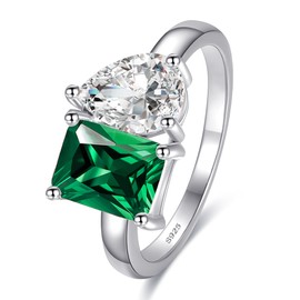 BONLAVIEGEM Toi Et Moi Ring 925 Sterling Silver Women Engagement Ring White Gold Plated 1.5ct 6x8mm Double Stone Ring Emerald & Pear Cut Cubic Zirconia Wedding Band Width Band 2mm Size 8