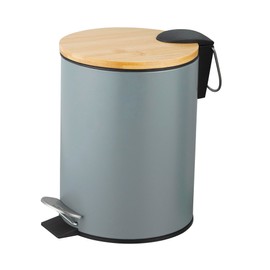 Amig - 3L Bathroom Pedal Bin Mod. Naturline - Grey and Bamboo - Hands-Free Hygienic Opening - Ø16.8 x 23 cm - Lacquered Stainless Steel - Round Bin with Airtight Lid
