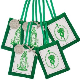 Needzo Wool-Backed Green Scapulars Catholic, Dual Paneled Scapular with Image of The Pierced Heart and Our Lady with Silver Tone Medals, 17.25 Inches (3 Pack)