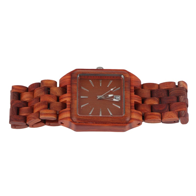 Geometric Dial Sandalwood Watch Calendar Quartz Movement Analog Wristwatch Red