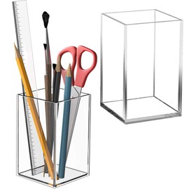 Pack of 2 Acrylic Pen Holders, Makeup Brush Holder, Acrylic Pen Holder, Desktop Stationery Organiser, Clear Acrylic Square Pen Holder for Lip Liner, Eye Liner, Makeup Pads (Transparent)