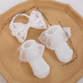 Baby Lace Bow Headband and Sock Set, Toddler Infant Cotton Socks Baptism Headband White Christening Headbands TSFD57 (White, Free Size)