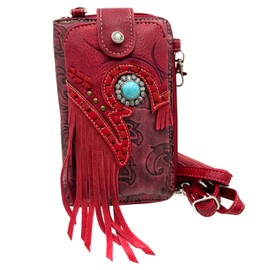 Women Phone Wallet Turquoise Concho Suede Fringe Two Tone Cowgirl Crossbody Clutch (Red)