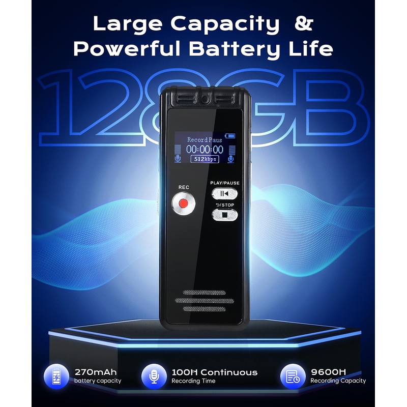 128GB Digital Voice Recorder - 1536kbps Dictaphone Digital Voice Activated
