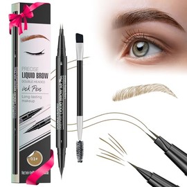 New Curved Eyebrow Pen, Precise Liquid Brow Double Headed Ink Pen, Microblade Waterproof, 3D Waterproof Microblading, Natural Brows(Light brown)