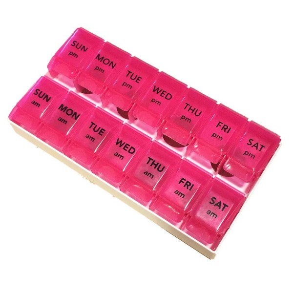 Apex 7- Day Push to Open Pill Organizer, 1x Per Day or AM/PM (AM/PM with Tray, Berry (Pink))
