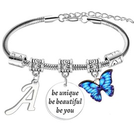 BESPMOSP Bracelet Gifts for Girls Women Letter A-Z Bracelet Blue Butterfly Initial Alphabet Bracelet Butterflies Gifts Inspirational Bracelet Jewellery Gifts for Family Friends (Letter A Bracelet)