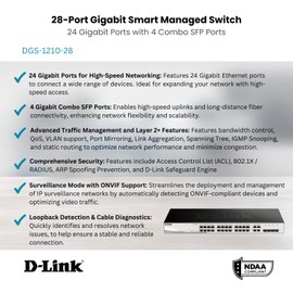 D-Link 28-Port Gigabit Smart Managed Switch | 24 GbE + 4 SFP Combo Ports | L2+ | VLANs | Cable Diagnostics | Web UI | Rackmount | Fanless | NDAA Compliant | Lifetime Warranty (DGS-1210-28)