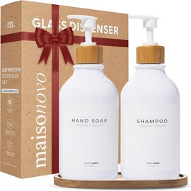 MaisoNovo Soap Dispensers 3-Piece Set|Bathroom Soap Dispenser|Kitchen Soap Dispenser Set|16.9oz Set of 2 with Tray Bamboo Bottle Glass Hand